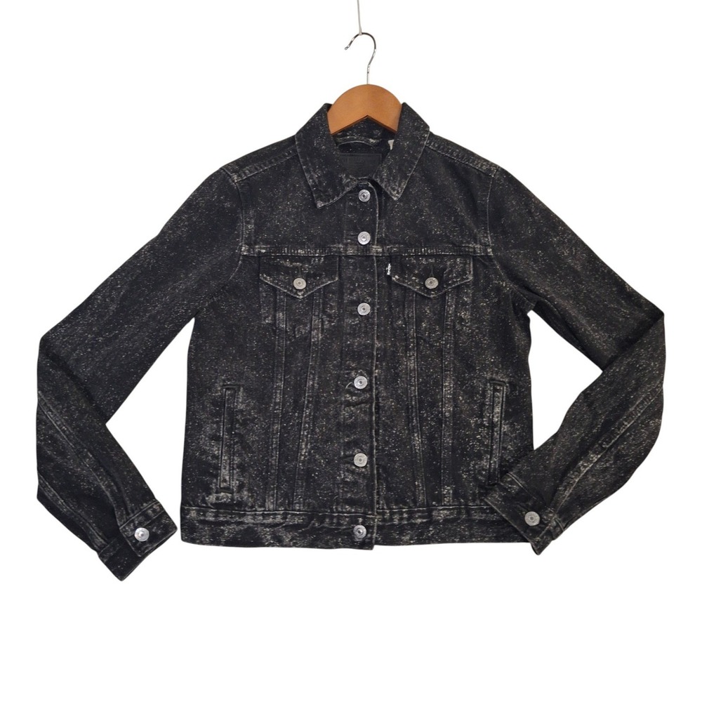Levis Premium Black Acid Wash Denim Trucker Jacket Women's SmallSpeckled